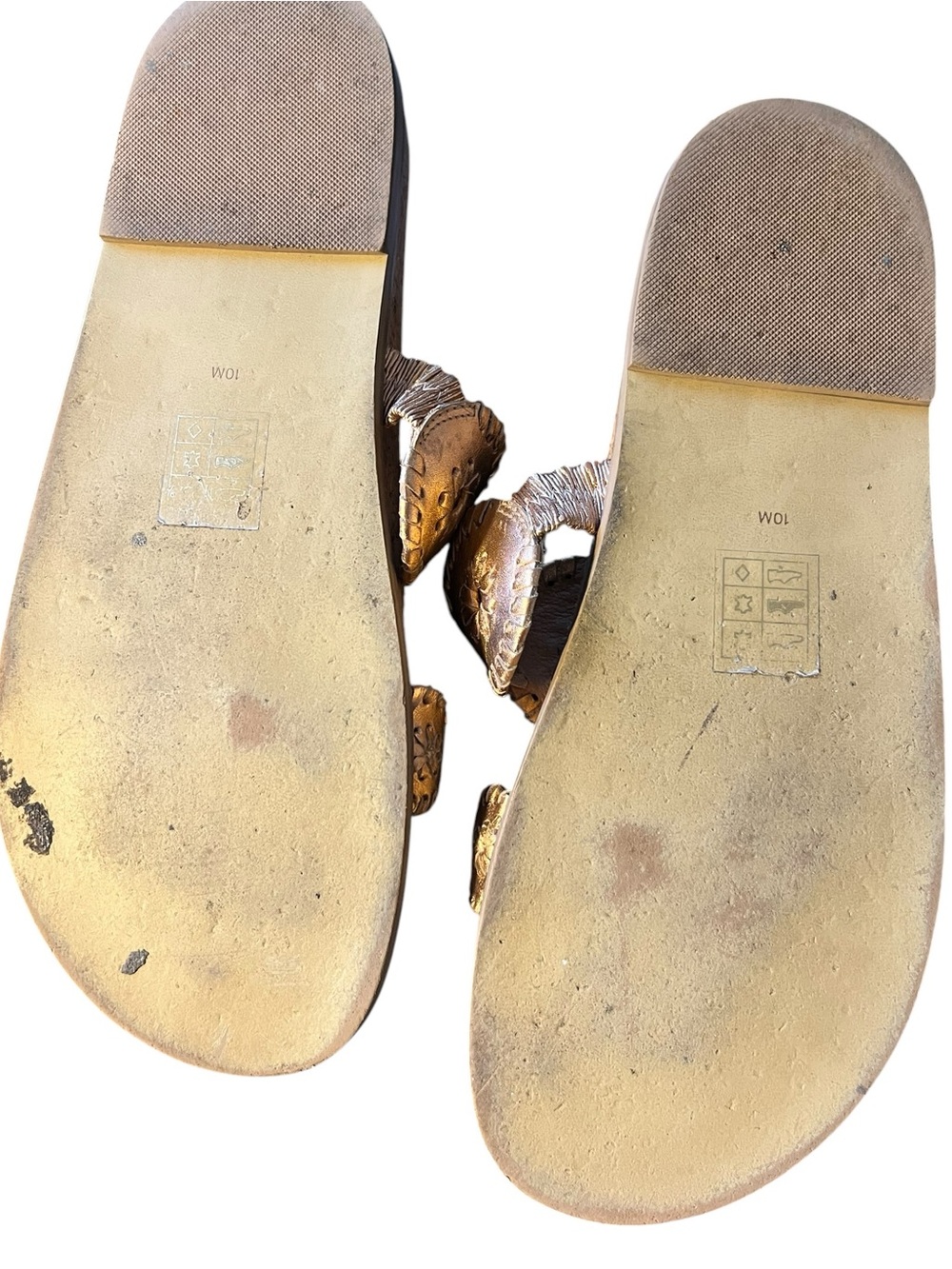 Jack Rogers 10 Rose Gold Leather Double Strap Slide Sandals Whipstitch Medallion - Picture 5 of 5